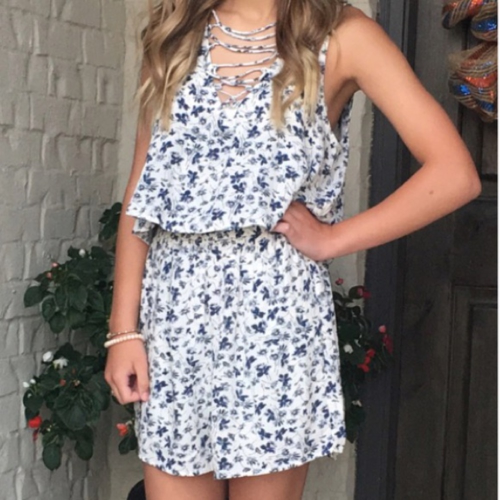 White and Blue Floral Romper